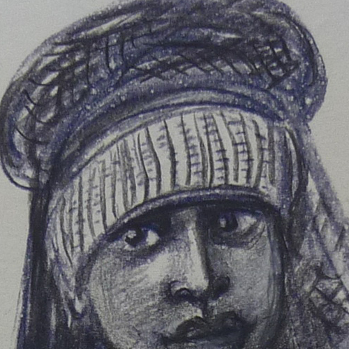 A Highland woman wearing a headband of small shells